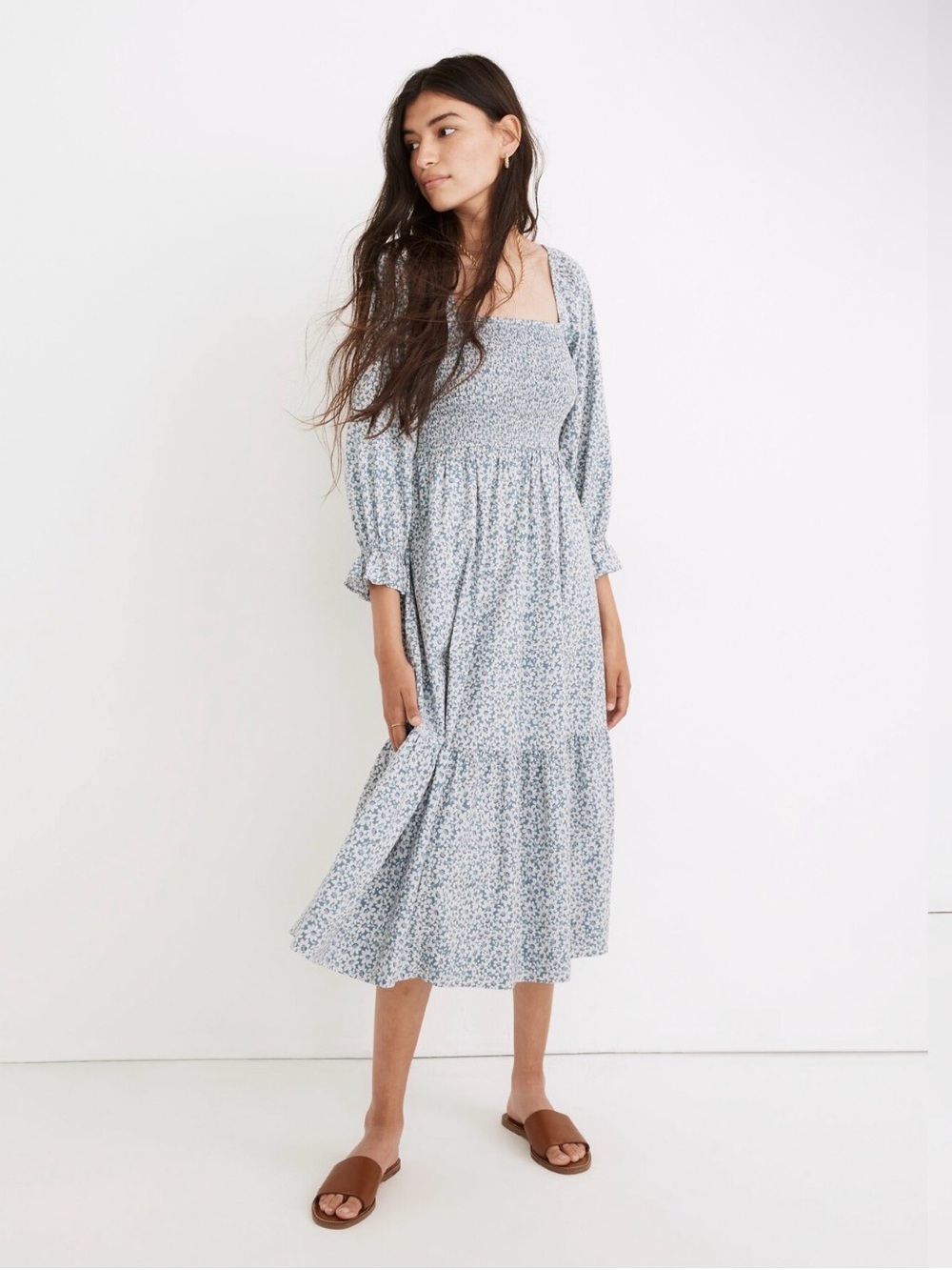 Madewell Lucie Elbow-Sleeve Smocked Midi Dress in Sunflower Field